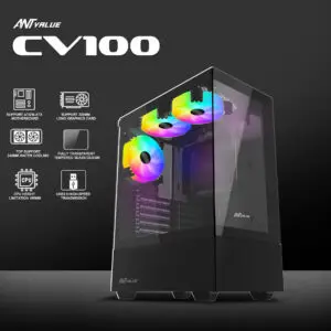 Ant Value CV100 Mid-Tower Computer Case/Gaming Cabinet – Black | Support ATX, M-ATX, ITX | Pre-Installed 2 Top & 1 Rear Rainbow Fans